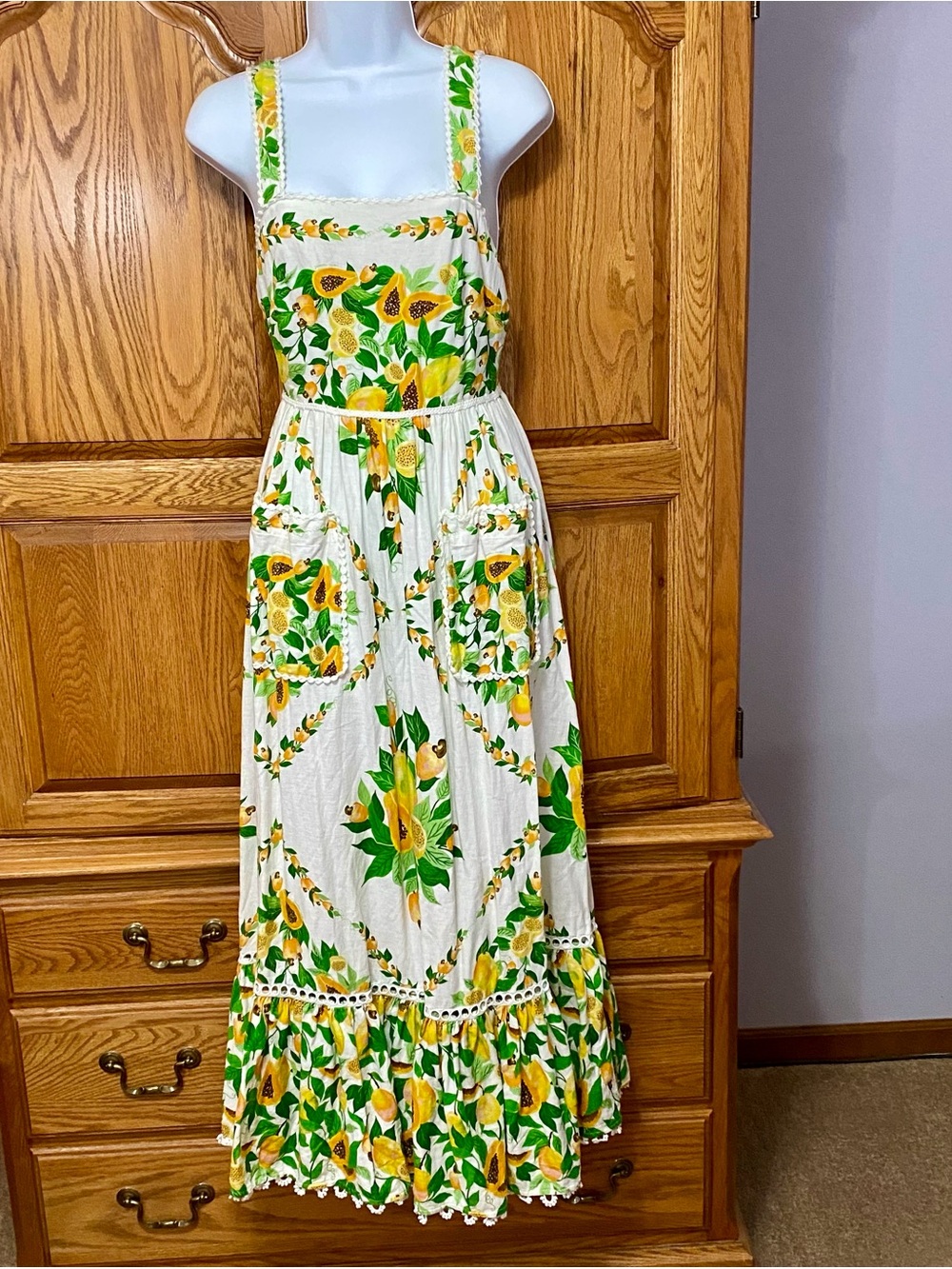 FARM Rio Papaya Salad Scarf Linen Blend Maxi Dress‎ Off White Pockets Women XXS